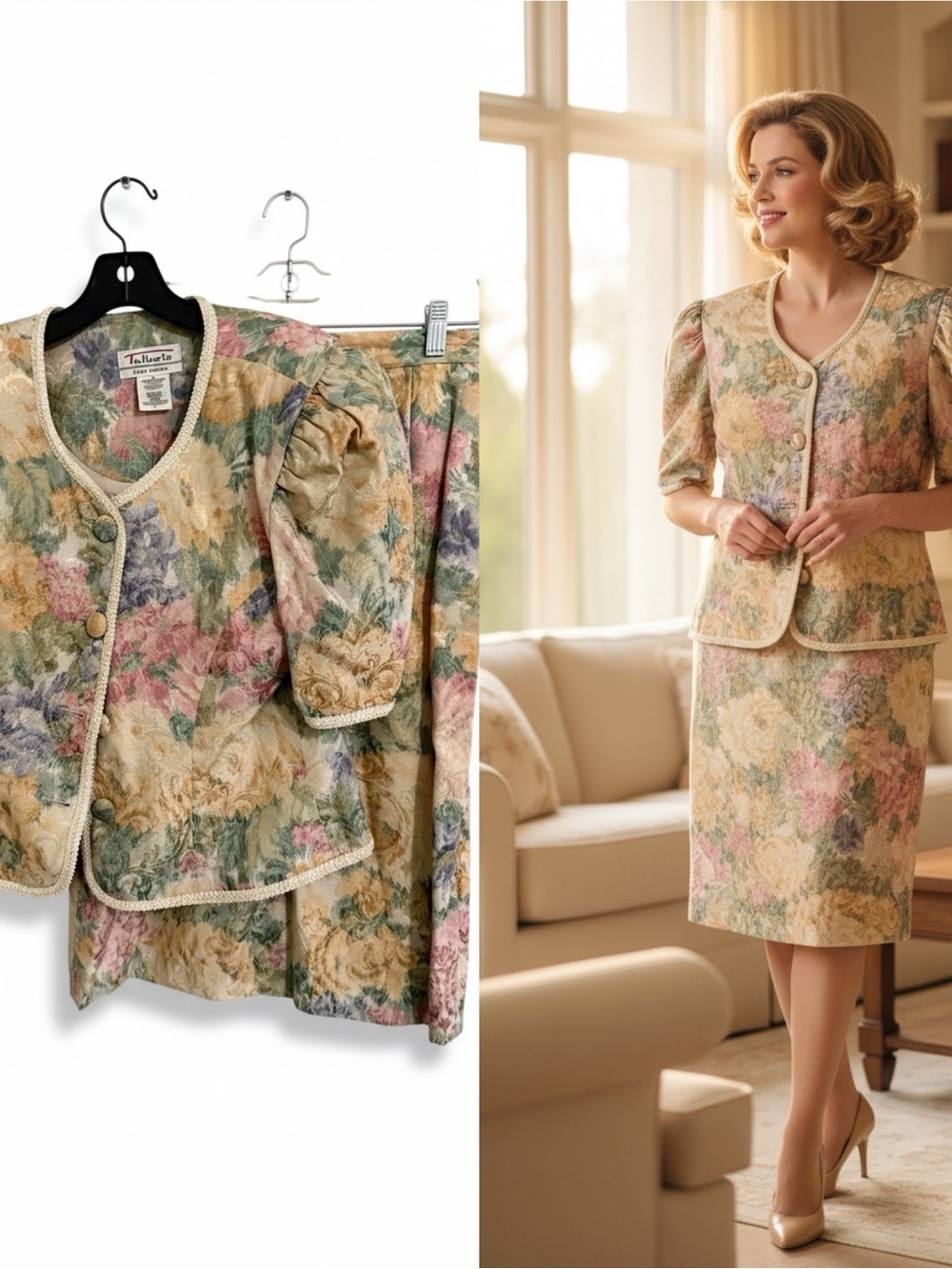 Vintage Talbots Joan Leslie Floral Skirt Suit Cottagecore USA Size 14